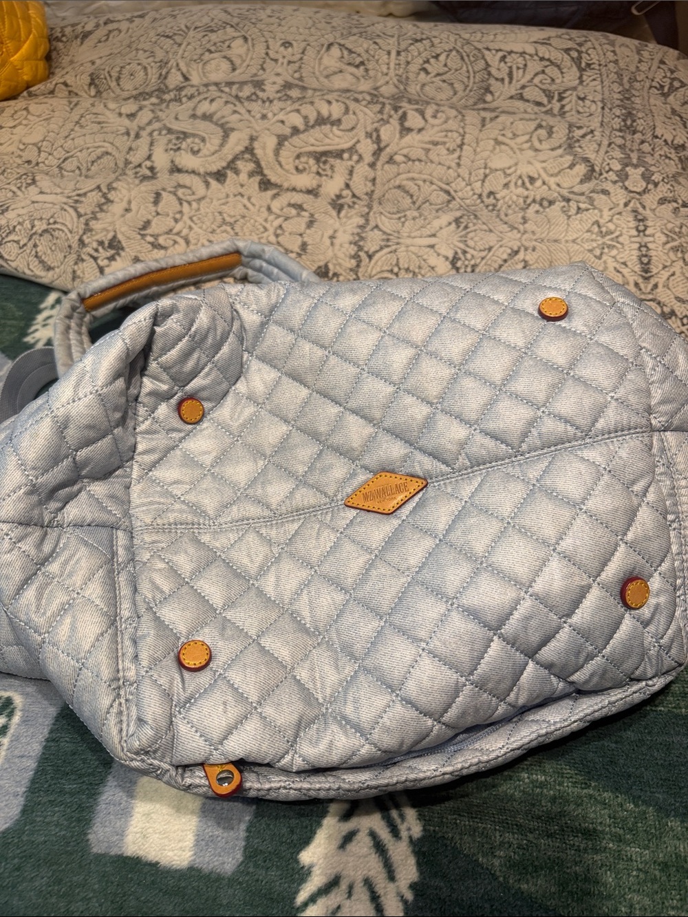 MZ Wallace Quilted Tote in Light Blue with Tan Handle Accent - Picture 2 of 4